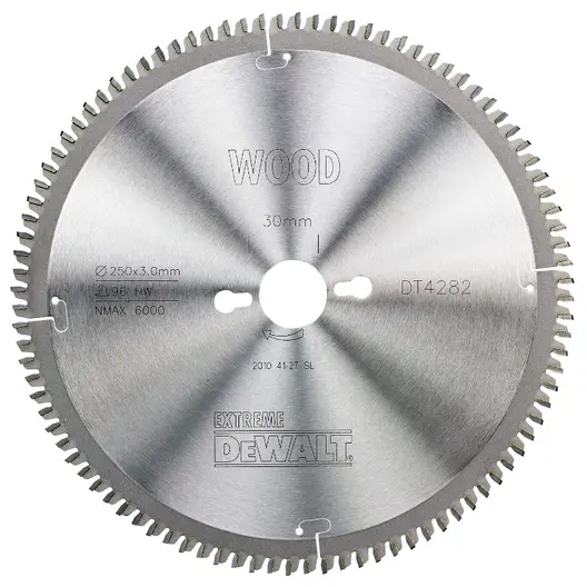 Диск циркулярен за рязане DeWALT на дърво фино напречно надлъжно с HM пластини   250 мм, 30 мм, 3 мм, 96 z, Extreme
