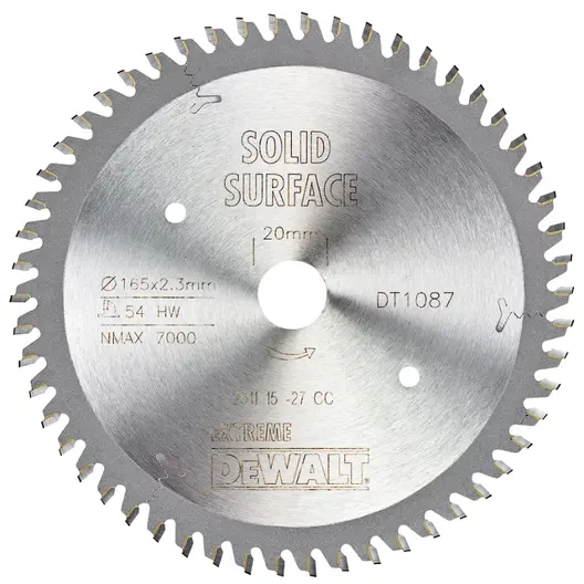 Диск циркулярен за рязане DeWALT на дърво фино напречно надлъжно с HM пластини   165 мм, 20 мм, 2 мм, 54 z, Extreme