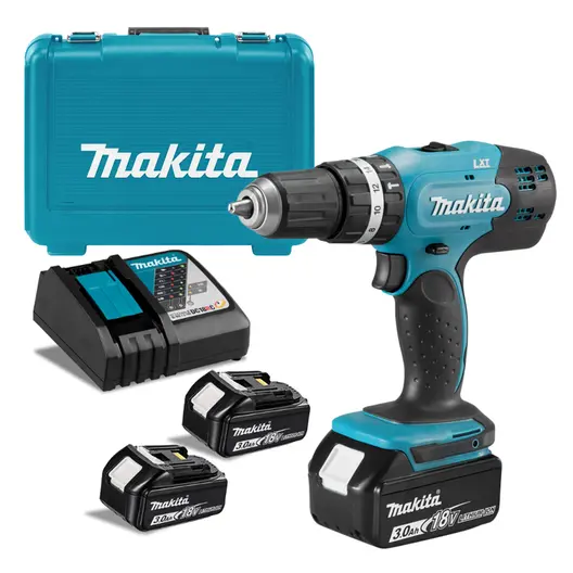 Акумулаторен винтоверт Makita ударен   с 3 батерии и зарядно, 18 V, 3 Ah, 42 Nm, 1.5-13 мм, DHP453RFE3