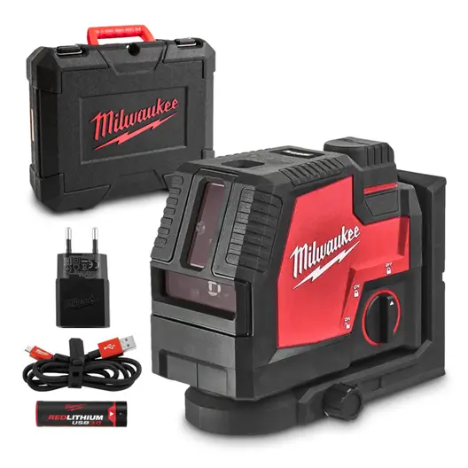 Комбиниран лазерен нивелир Milwaukee с 2 линии и 2 точки   с 1 батерия и USB кабел, 4 V, 3 Ah, 30 м, 50 м, 0.3 мм/м, L4 CLLP-301C