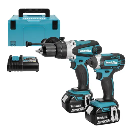 Комплект акумулаторни инструменти Makita    с 2 батерии и зарядно, DTD152, DHP458, 18 V, 5 Ah, DLX2145TJ