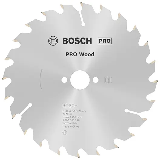 Диск циркулярен за рязане Bosch на дърво напречно надлъжно с HM пластини   160 мм, 20 мм, 1.6 мм, 24 z, PRO Wood