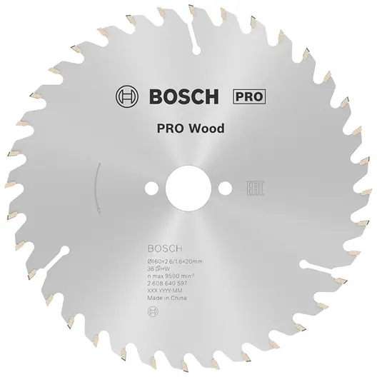 Диск циркулярен за рязане Bosch на дърво фино напречно надлъжно с HM пластини   160 мм, 20 мм, 1.6 мм, 36 z, PRO Wood