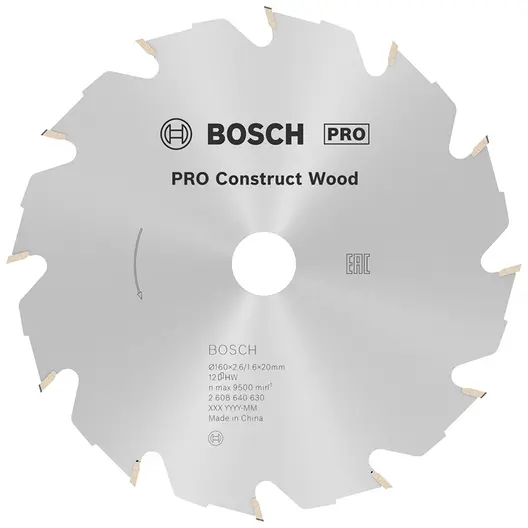 Диск циркулярен за рязане Bosch на дърво грубо с HM пластини   160 мм, 20 мм, 1.6 мм, 12 z, PRO Construct Wood