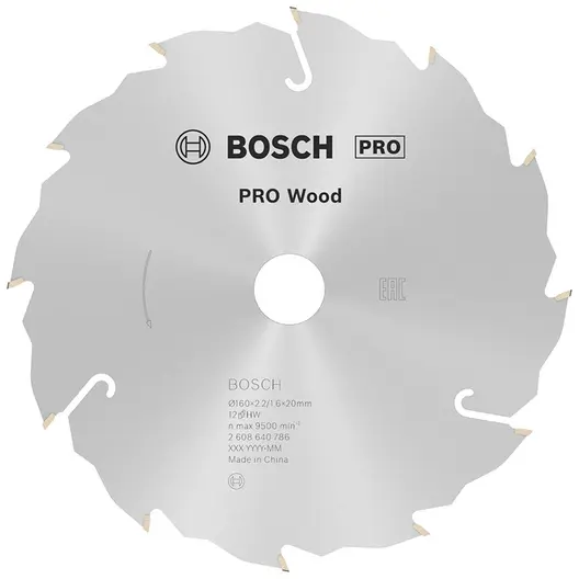 Диск циркулярен за рязане Bosch на дърво напречно надлъжно с HM пластини   160 мм, 20 мм, 1.6 мм, 12 z, PRO Wood