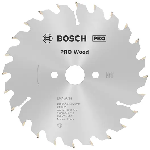 Диск циркулярен за рязане Bosch на дърво напречно надлъжно с HM пластини   150 мм, 20 мм, 1.4 мм, 24 z, PRO Wood