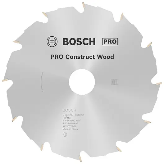 Диск циркулярен за рязане Bosch на дърво грубо с HM пластини   180 мм, 30 мм, 1.6 мм, 12 z, PRO Construct Wood