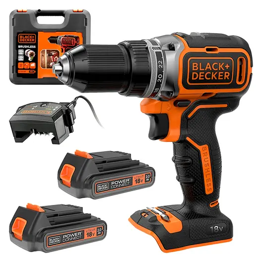 Акумулаторен винтоверт Black & Decker с безчетков двигател   с 2 батерии и зарядно, 18 V, 2 Ah, 52 Nm, 13 мм, BL186K1B2