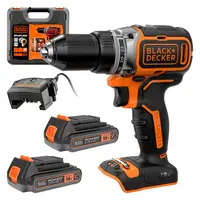 Акумулаторен винтоверт Black & Decker с безчетков двигател   с 2 батерии и зарядно, 18 V, 2 Ah, 52 Nm, 13 мм, BL186K1B2