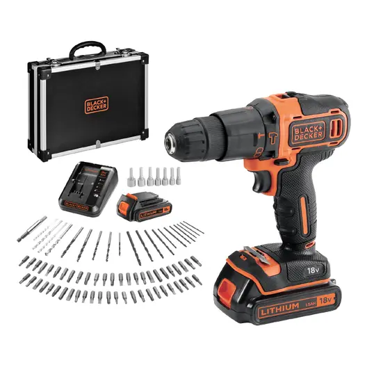 Акумулаторна бормашина Black & Decker ударна   с 2 батерии и зарядно, 18 V, 1.5 Ah, 40 Nm, 0-360/0-1400 об./мин, 1-10 мм, BDCHD18BAFC