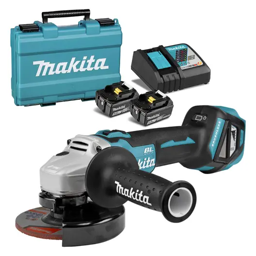 Акумулаторен ъглошлайф Makita    с 2 батерии и зарядно, 18 V, 5 Ah, 125 мм, 3000-8500 об./мин, DGA511RTE