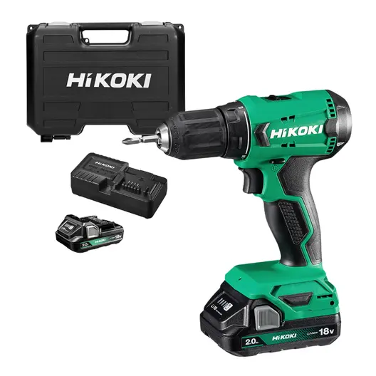 Акумулаторен винтоверт HiKOKI - Hitachi с колекторен двигател   с 2 батерии и зарядно, 18 V, 2 Ah, 50 Nm, 1.5-13 мм, DS18DA
