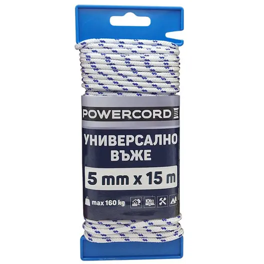 Въже синтетично Powercord от полипропилен плетено  ф 5 мм, 15 м, 160 кг, бяло