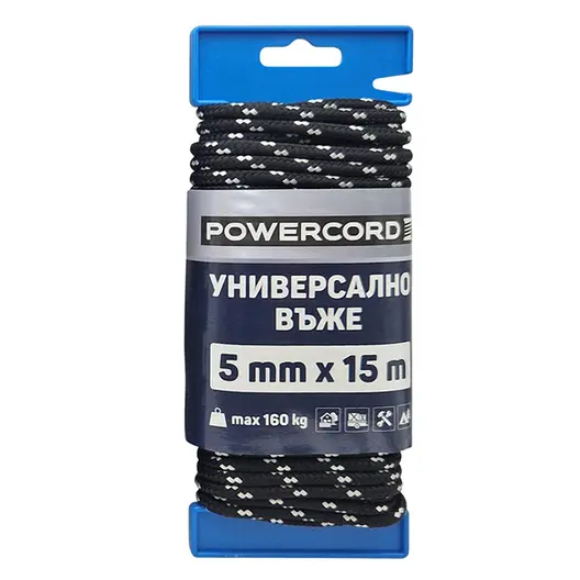 Въже синтетично Powercord от полипропилен плетено  ф 5 мм, 15 м, 160 кг, черно