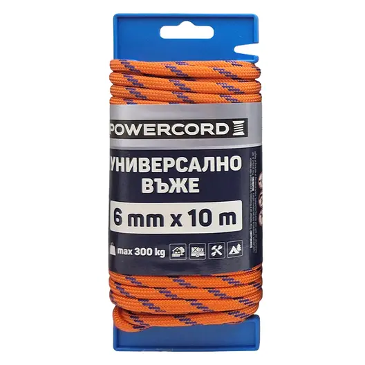Въже синтетично Powercord от полипропилен плетено  ф 6 мм, 10 м, 300 кг, оранжево