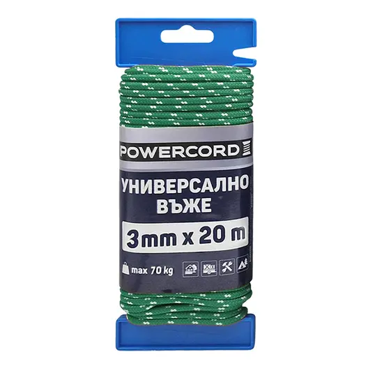 Въже синтетично Powercord от полипропилен плетено  ф 3 мм, 20 м, 70 кг, зелено