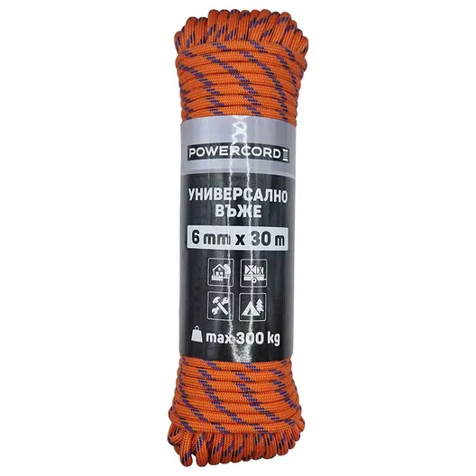 Въже синтетично Powercord от полипропилен плетено  ф 6 мм, 30 м, 300 кг, оранжево