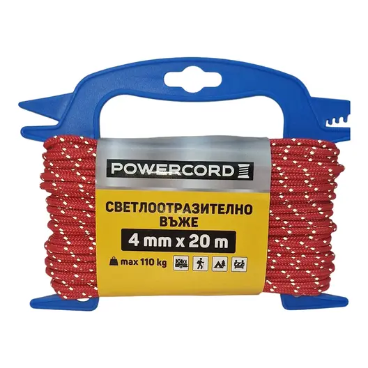 Въже синтетично Powercord от полипропилен плетено  ф 4 мм, 20 м, 110 кг, светлоотразително червено