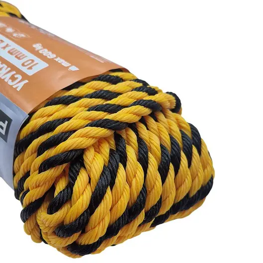 Въже синтетично Powercord от полипропилен и полиетилен усукано  ф 10 мм, 25 м, 340 кг, черно-жълто