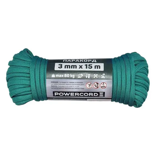 Въже синтетично Powercord плетено за обща употреба  ф 3 мм, 15 м, 80 кг, зелено