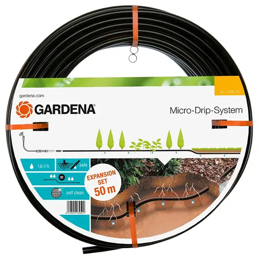 Маркуч Gardena за капково напояване с капкообразуватели  13.7 мм, 300 мм, 1.6 л/ч, черен, 50 м, Micro-Drip-System