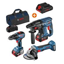 Комплект Bosch акумулаторни инструменти с 2 батерии и зарядно, GBH 180-LI, GSR 18V-50, GWS 180-LI, 18 V, 5 Ah + Акумулаторна батерия Bosch Li-Ion 18 V, 4 Ah ProCORE
