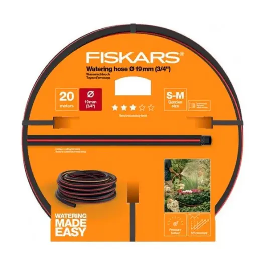 Градински маркуч за поливане Fiskars PVC 3-слоен армиран  19 мм, 20 м, черен с цветна маркировка